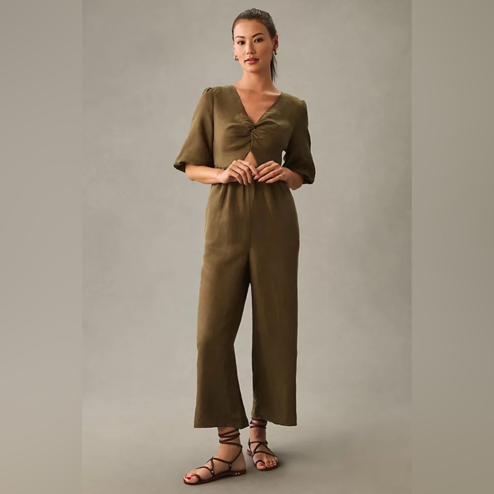 Anthropologie Olive Green V-Neck Wide-Leg Jumpsuit